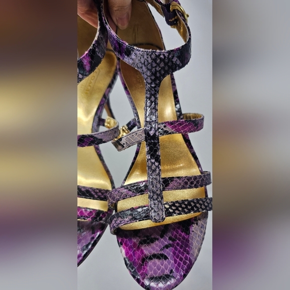 Coach Hayden Leather Violet Pink Blk Python Print Open Toe T-Strap Heels Size 7B - Picture 3 of 16